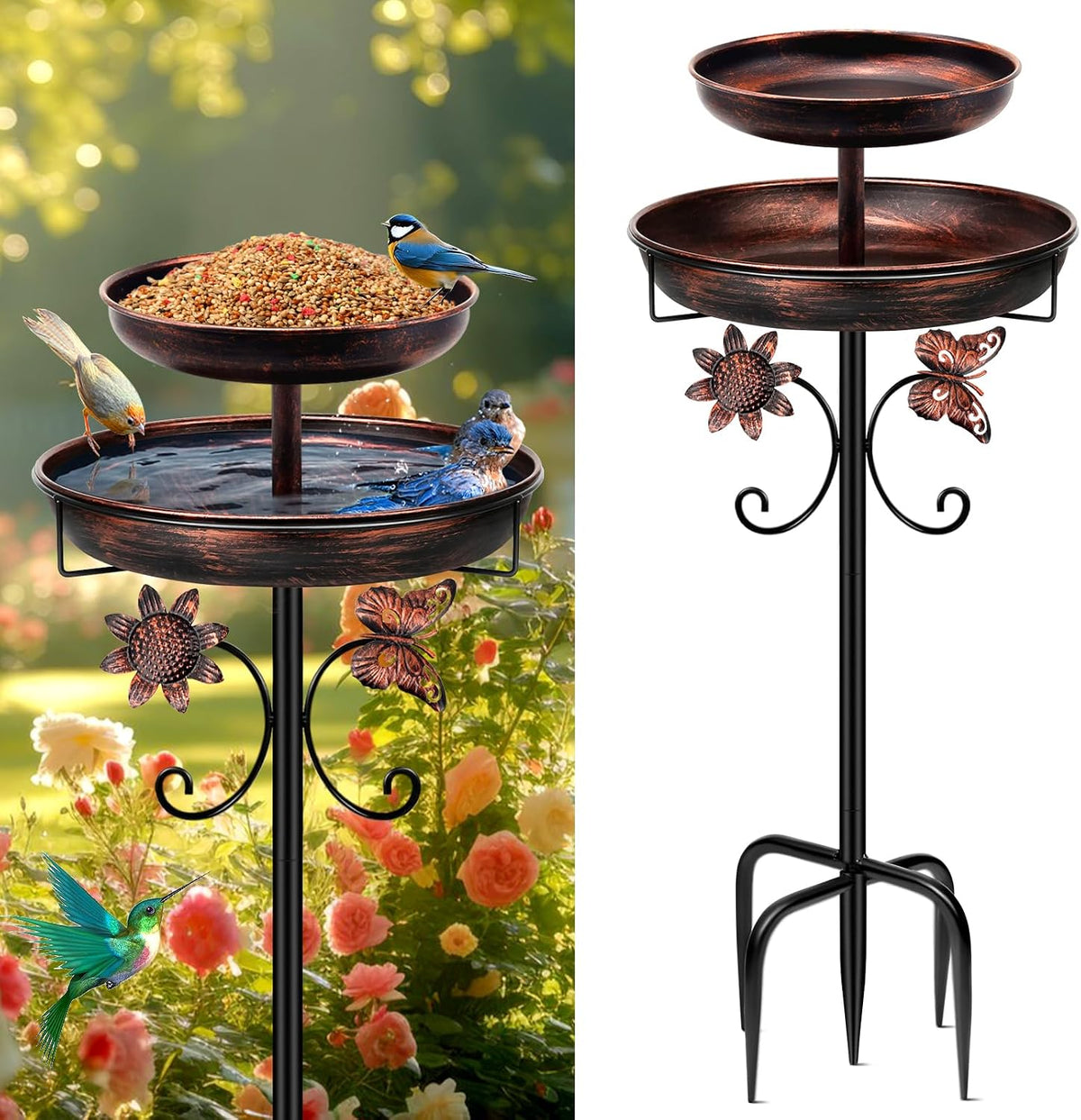42" Antique Bronze Metal Bird Bath & Feeder