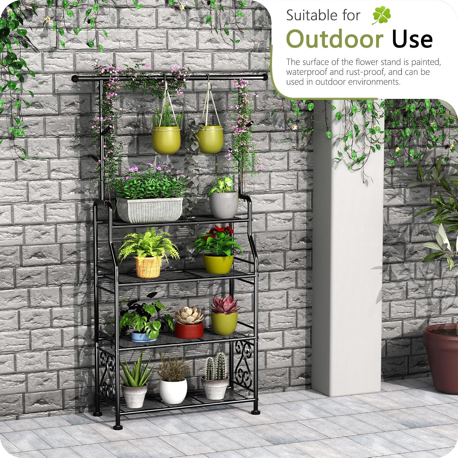 4-Tier Black Metal Plant Stand with Hooks