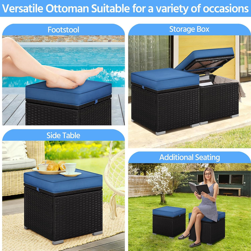 2-Pack Brown-Dark Blue PE Rattan Storage Ottoman