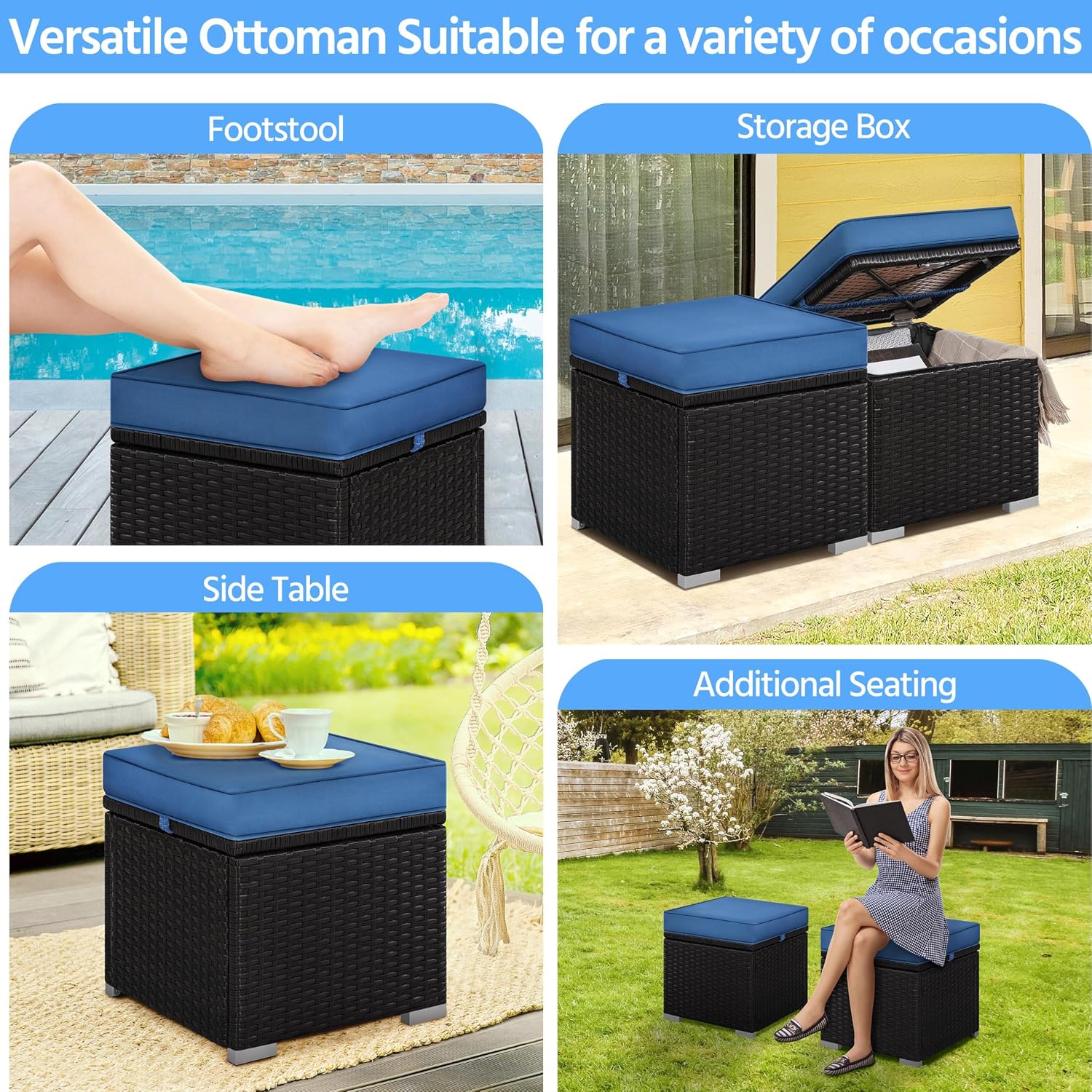 2-Pack Brown-Dark Blue PE Rattan Storage Ottoman
