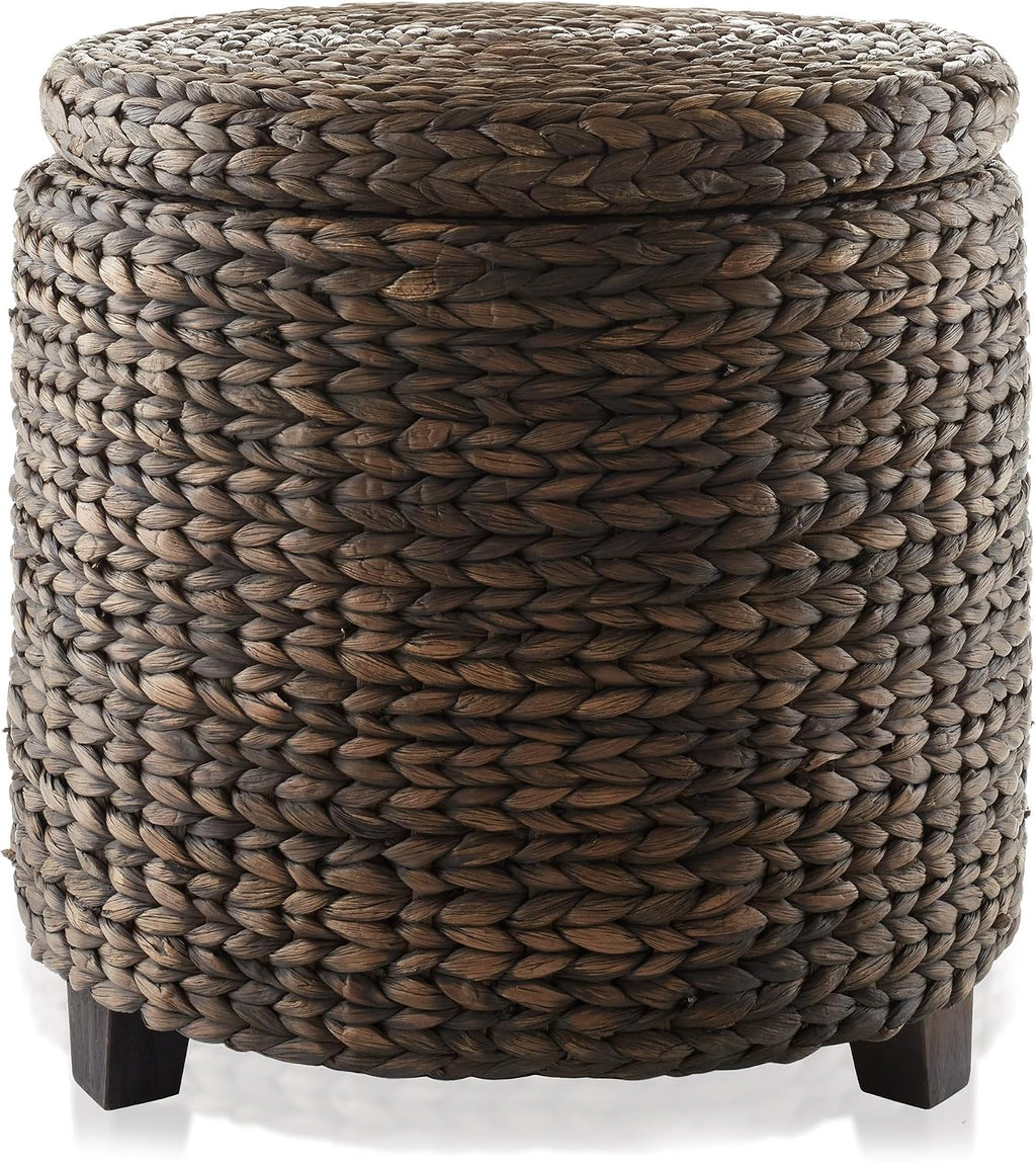 17" Espresso Water Hyacinth Round Storage Ottoman