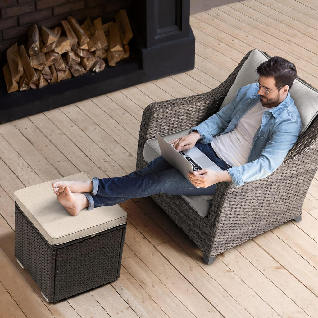 2-Pack Black-Beige Wicker Outdoor Storage Ottoman