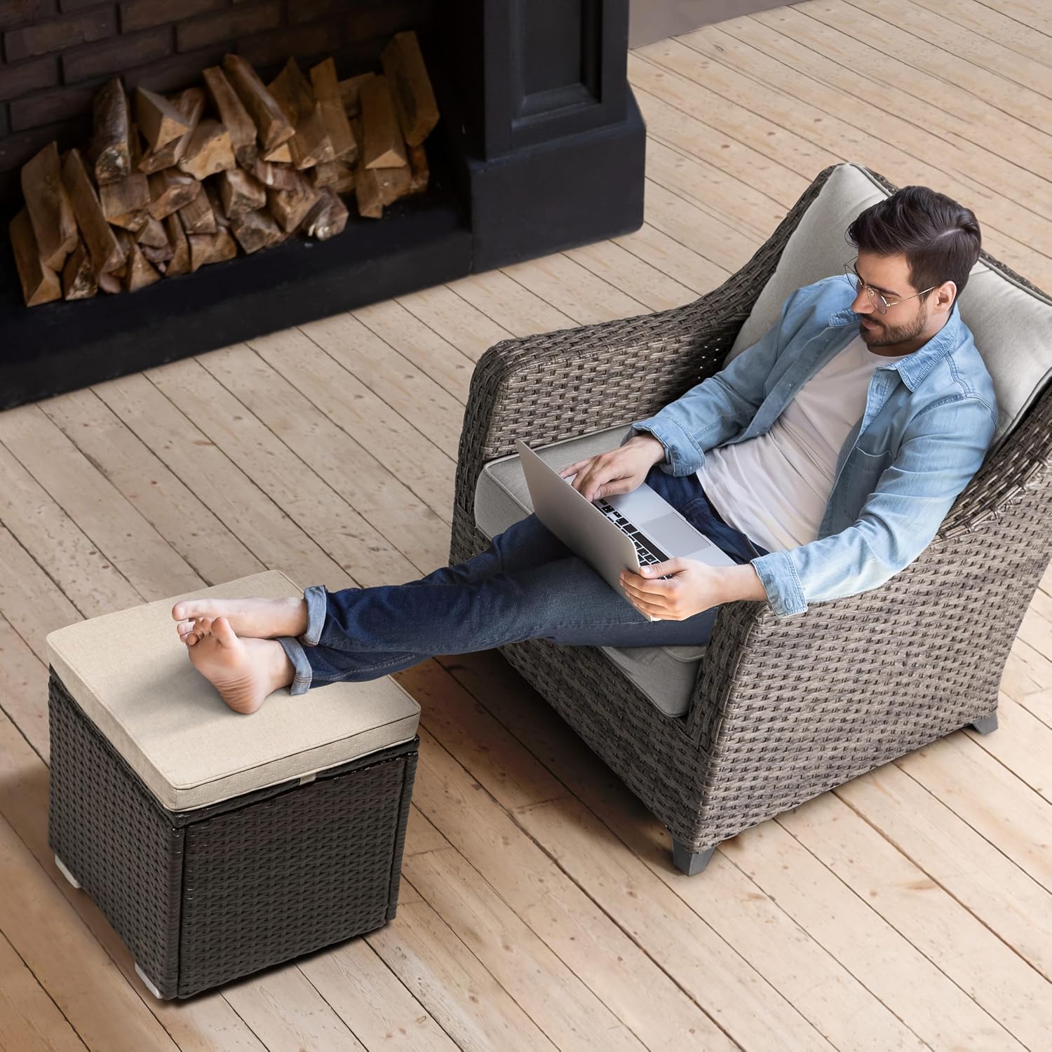 2-Pack Black-Beige Wicker Outdoor Storage Ottoman