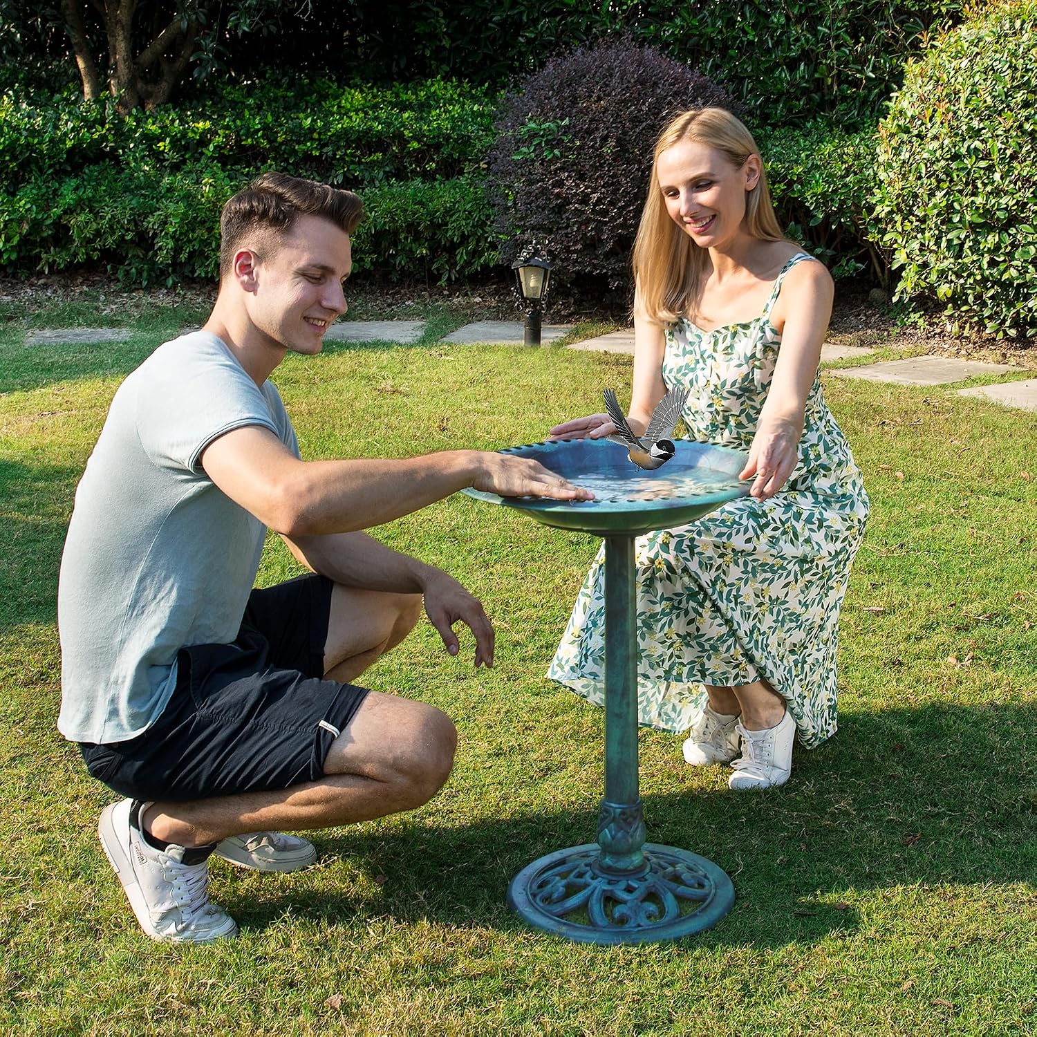 28" Green Polyresin Pedestal Outdoor Bird Bath