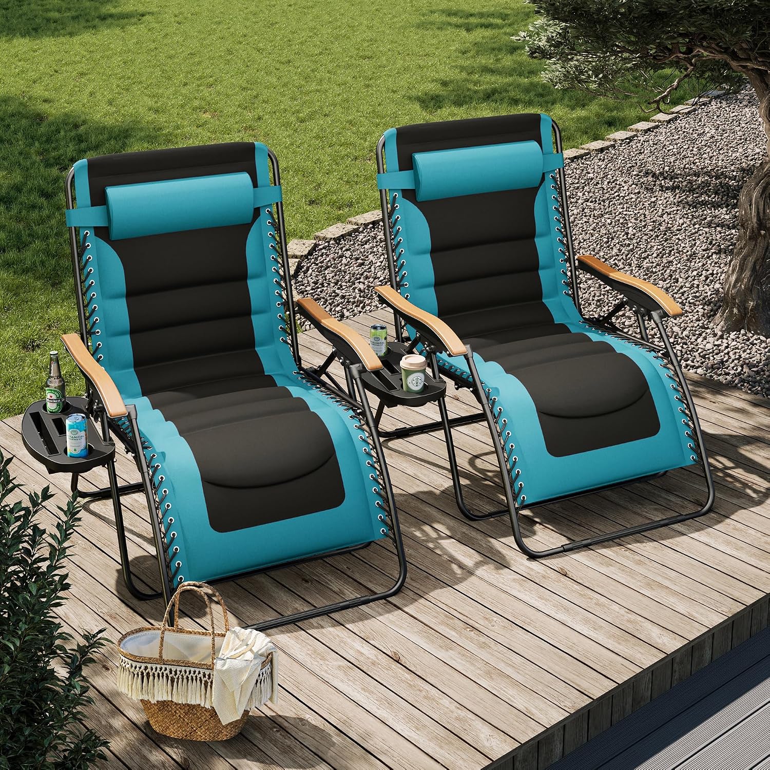 Set of 2 Aqua Zero Gravity Chairs with Cup Holder