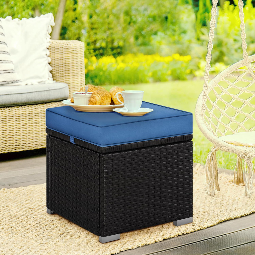 2-Pack Brown-Dark Blue PE Rattan Storage Ottoman