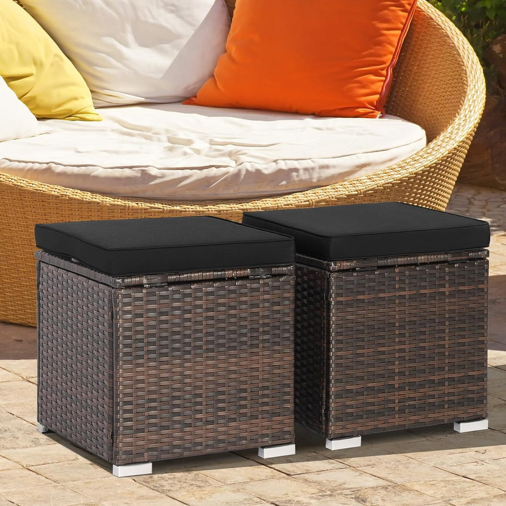 2-Pack Black PE Rattan Outdoor Storage Ottoman