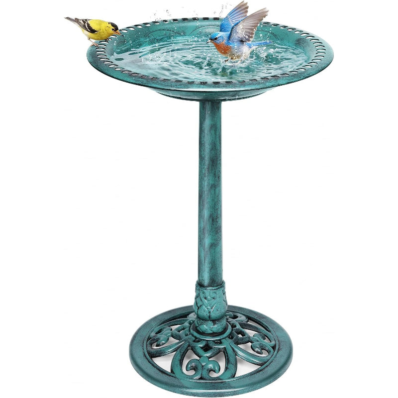 28" Green Polyresin Pedestal Outdoor Bird Bath
