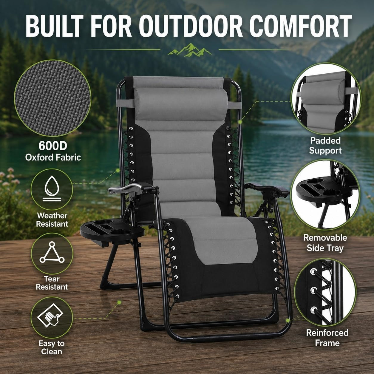 Oversized Black Padded Zero Gravity Chair