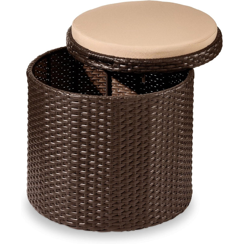 Round Brown-Beige Wicker Storage Ottoman