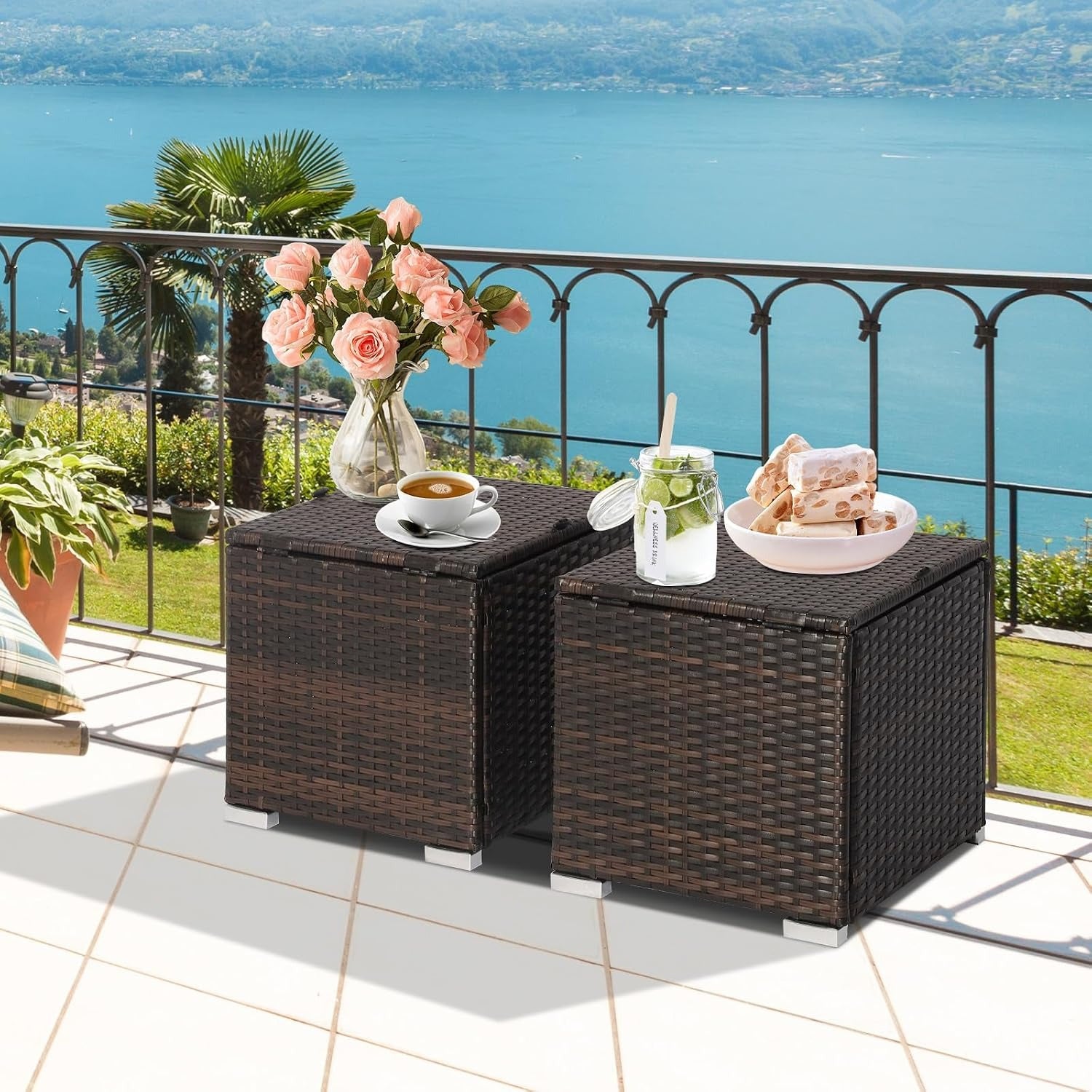 2-Pack Black PE Rattan Outdoor Storage Ottoman