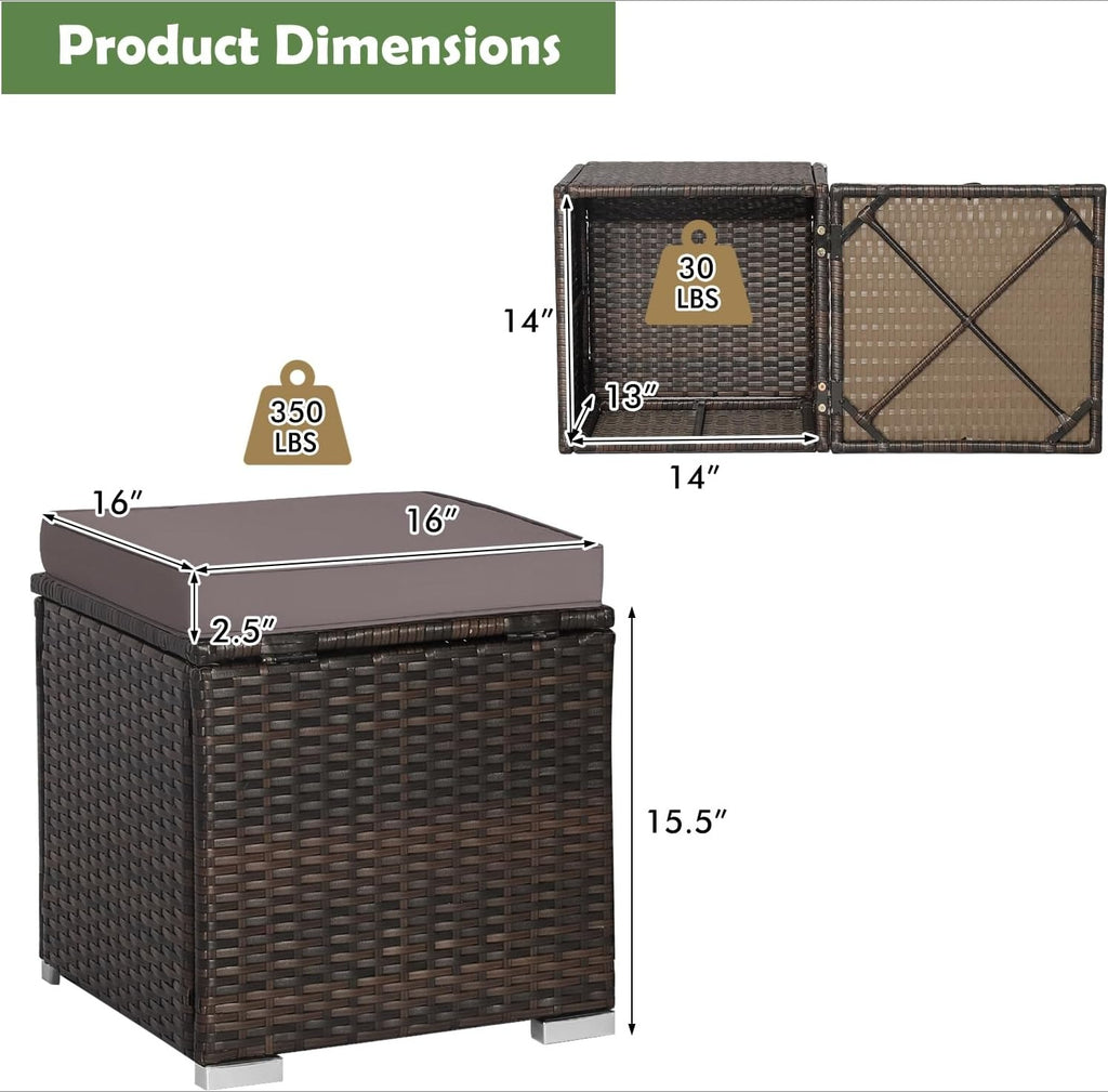 2-Pack Grey PE Rattan Outdoor Storage Ottoman